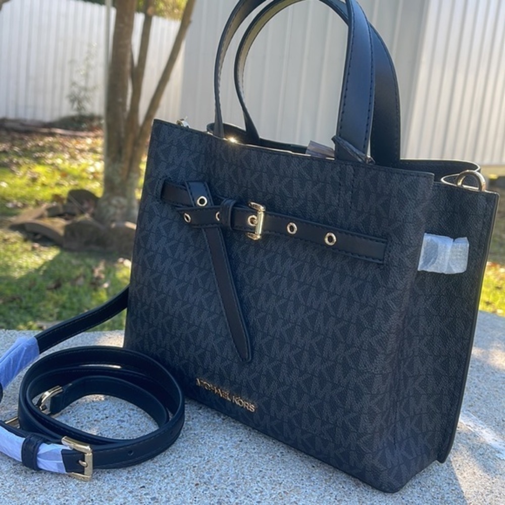 Michael Kors Small Satchel Crossbody Bag Black MK Signature - Picture 5 of 12